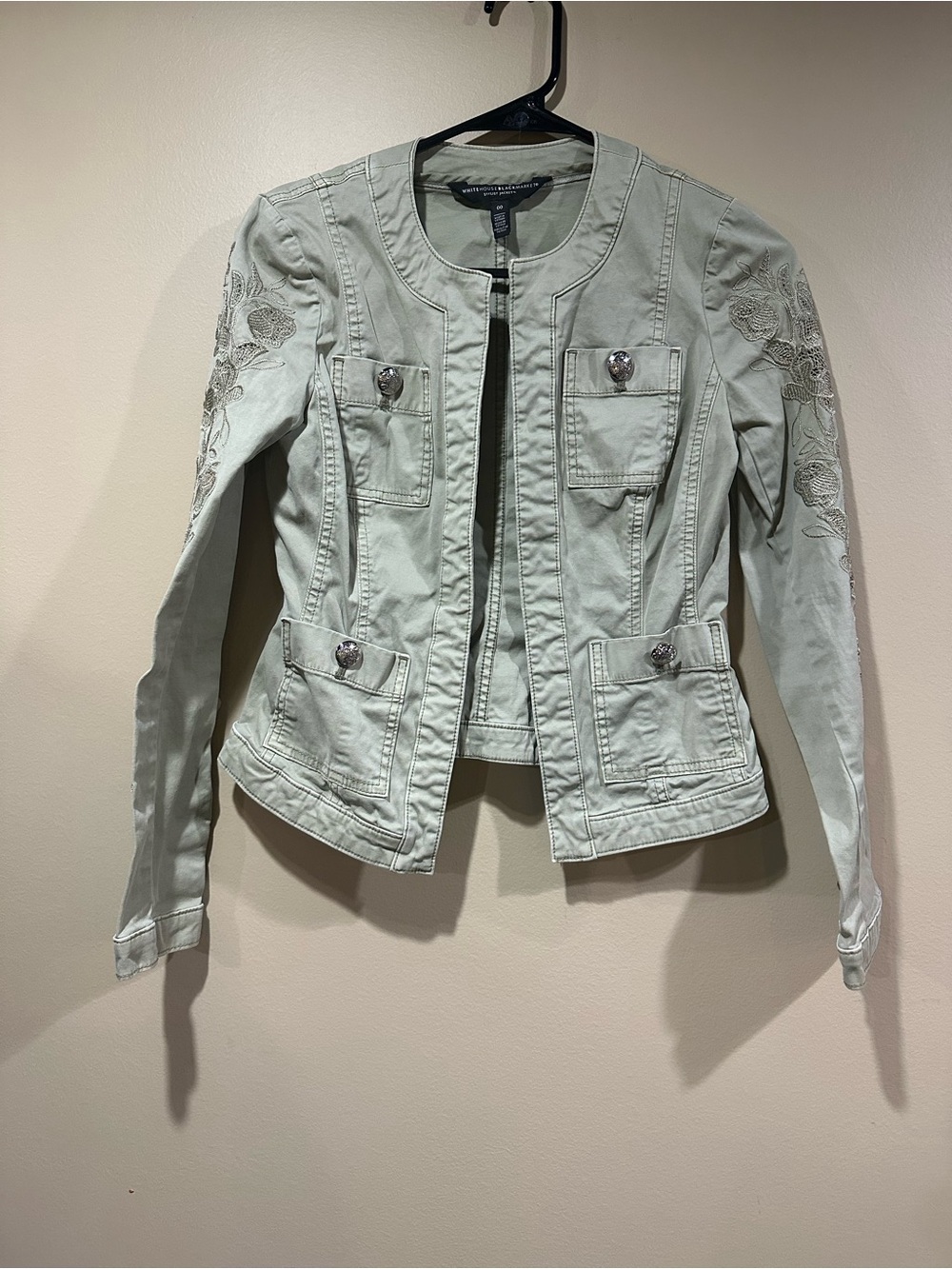 White House Black Market Light Sage Embroidered Sleeve Jean Jacket - Women's